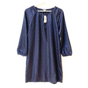 NWT J.Crew Satin Shift Dress Navy Paisley Keyhole 3/4 Raglan Sleeve Knee Length